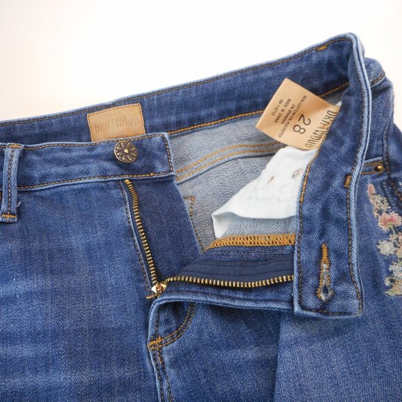 Driftwood Size 28 Audrey Blue Denim Jeans Floral Embroidery Slim Leg Raw Hem - Picture 8 of 14